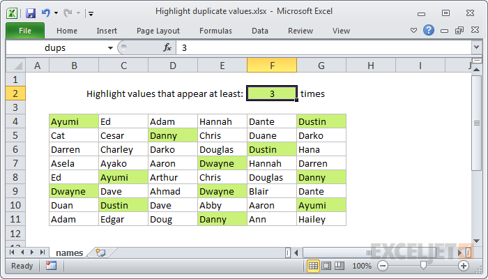 Highlight duplicate values Excel formula Exceljet